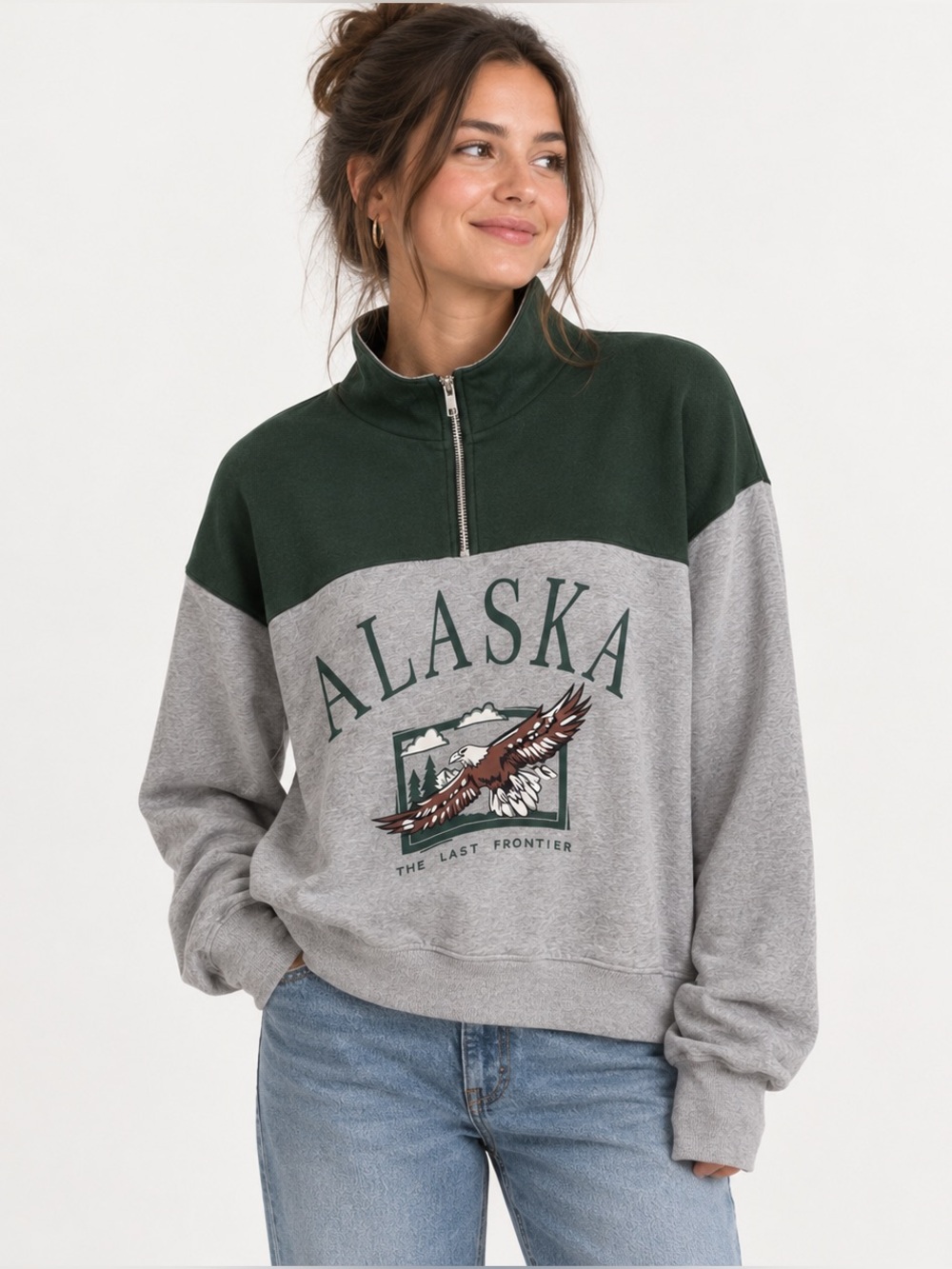 ROMWE Alaska Eagle Quarter Zip Sweatshirt Green Grey Y2K Outdoorsy